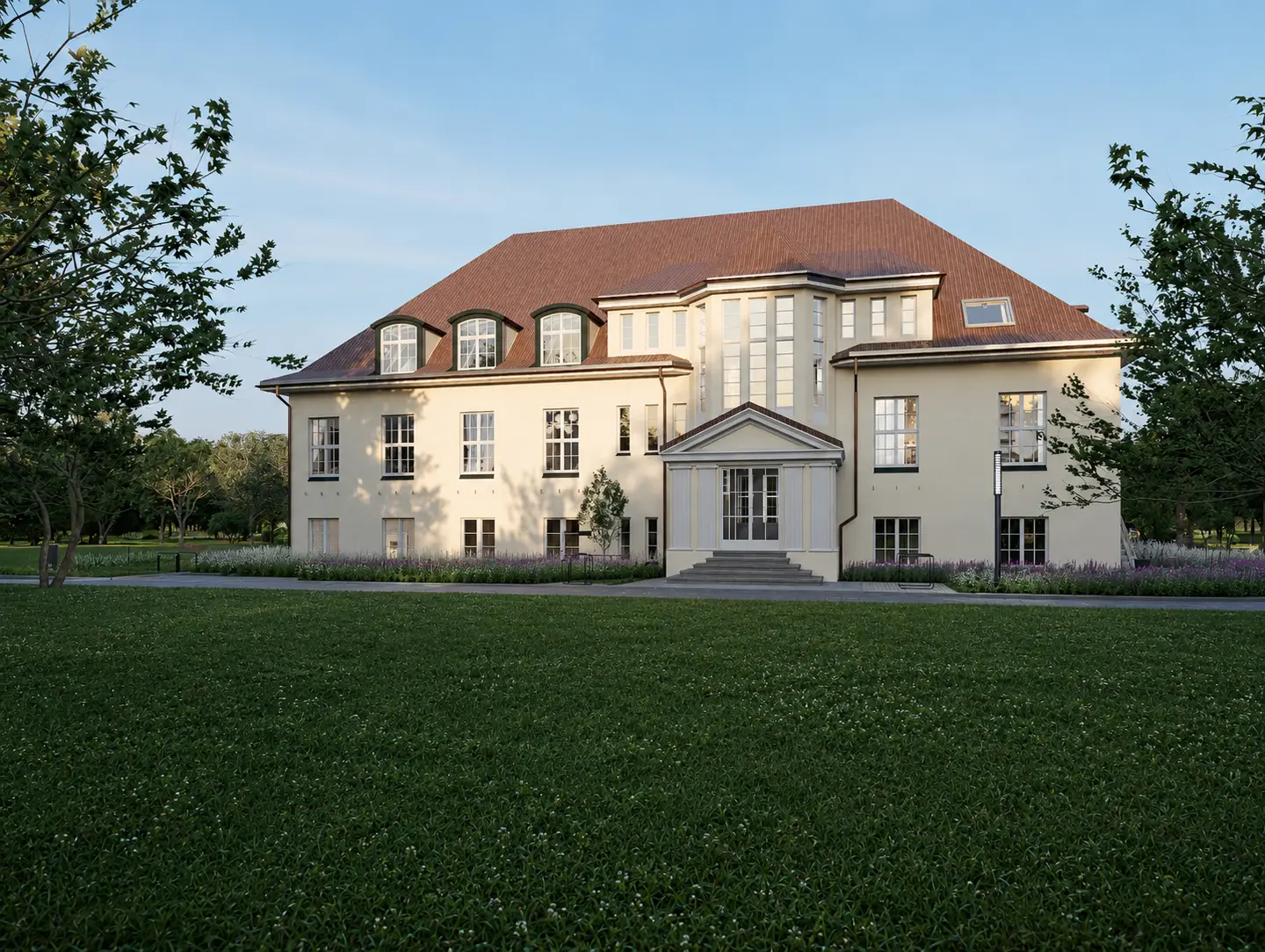 Rendering der Parkvilla Großhansdorf mit Portikus im Abendlicht