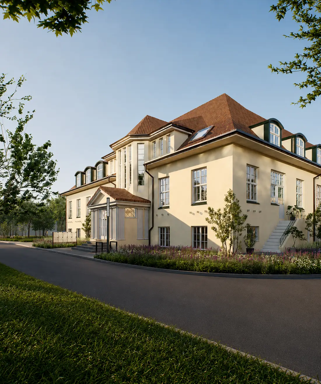 Rendering der Parkvilla mit Eingang und bepflanztem Vorgarten
